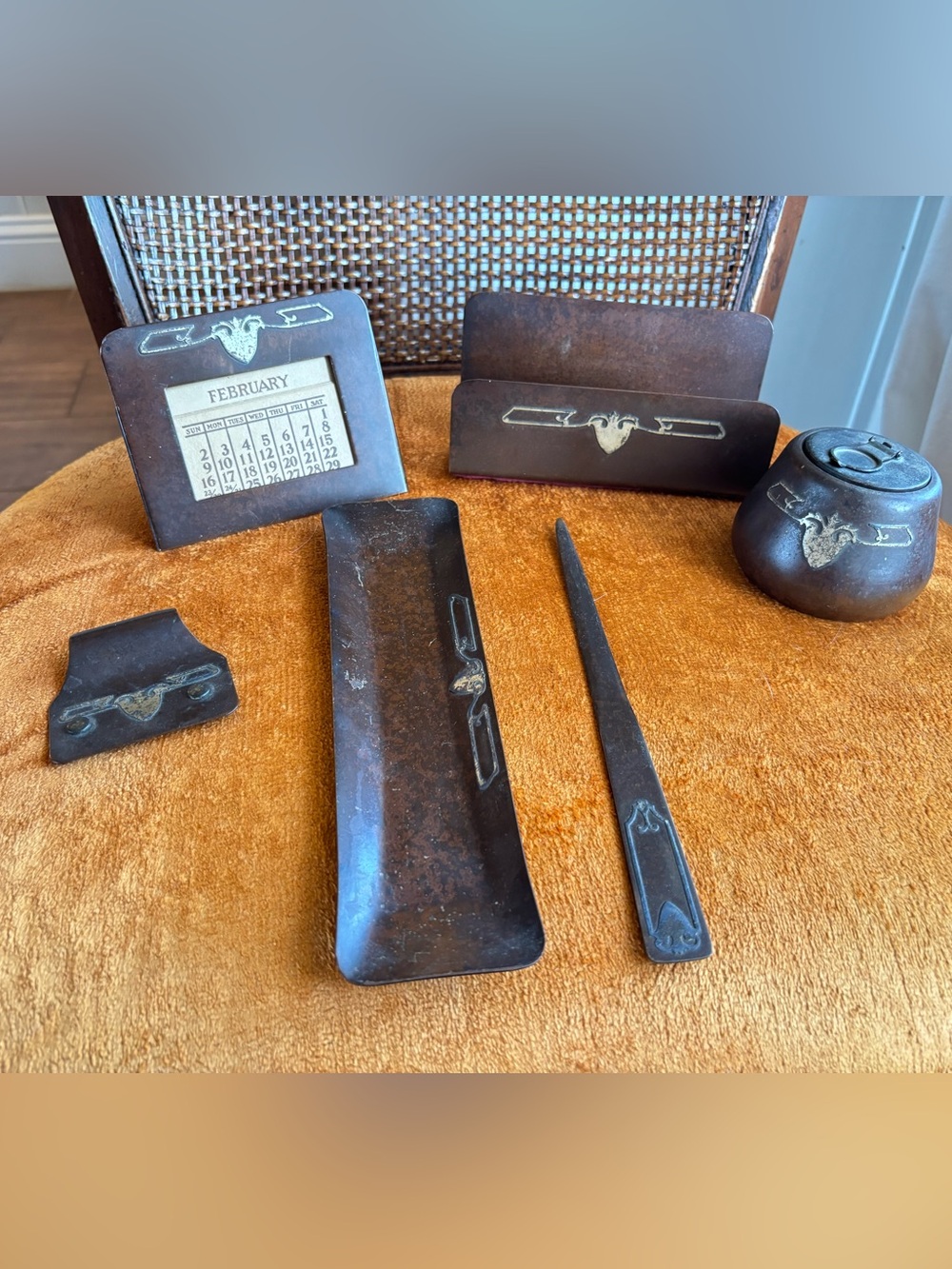 Antique Heintz Art Metal Shop Sterling on Bronze 6 Pc Desk Set Rare